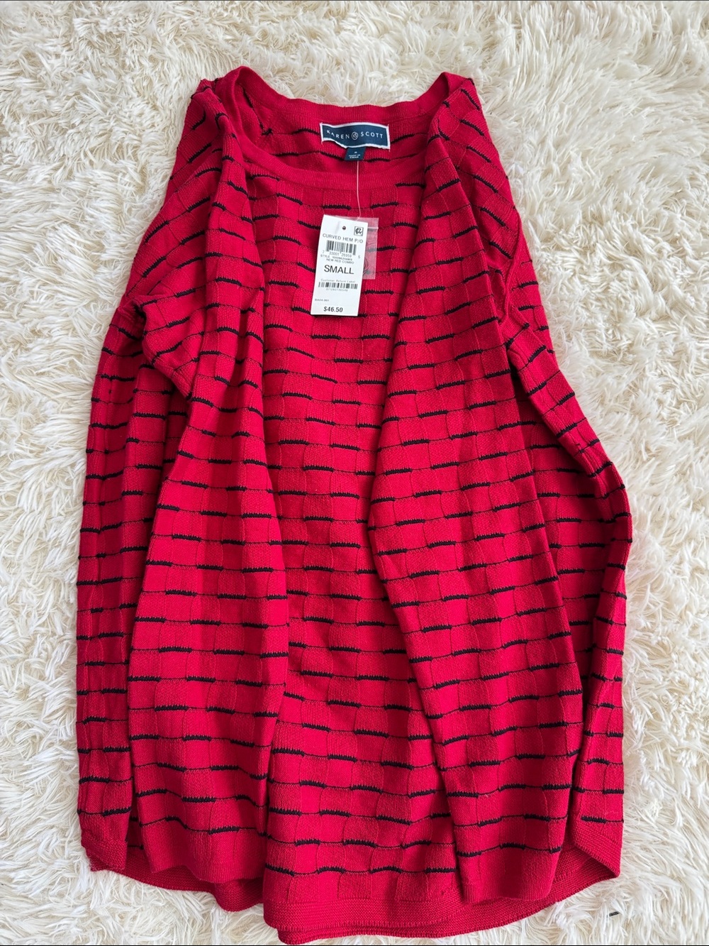 Karen Scott Red Open-Front Striped Cardigan